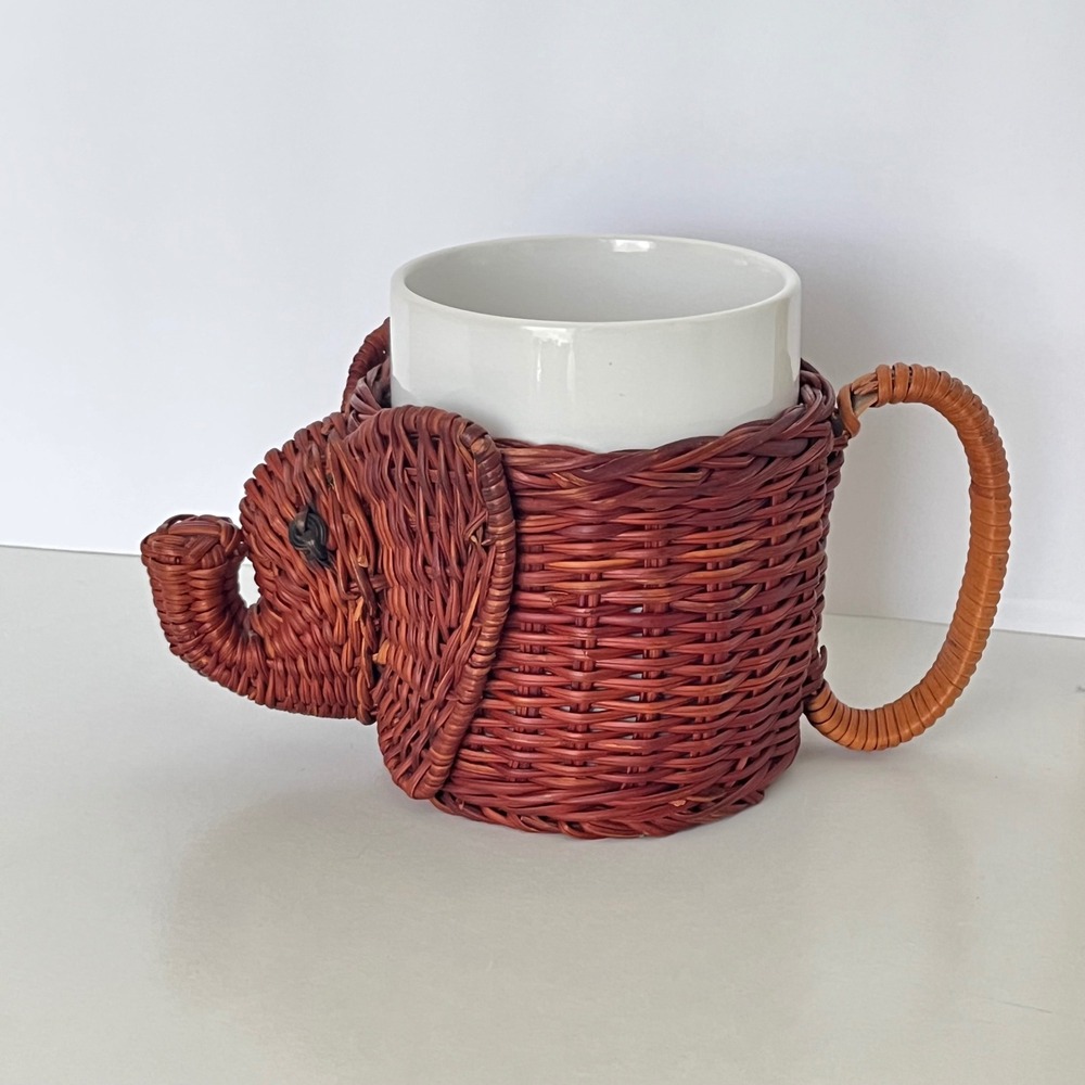 Vintage Elephant Wicker Mug Holder with White Ceramic Coffee Cup Boho Rattan